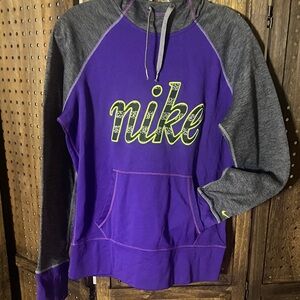 Nike Purple & Gray Pullover Hoodie with Neon Yellow Script Size M